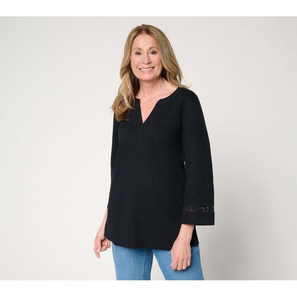Susan Graver Women's Top Sz 2XS (XXS) Soleil Slub Rib Knit Tunic w Black